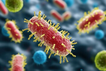 Fototapeta premium Close-up of bacteria under a microscope, showcasing red organisms with yellow spikes, representing microbiology, infection, and disease.