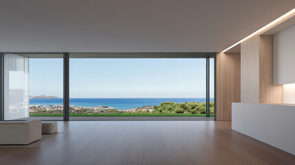 Modern living space with ocean view showcasing minimalist design and natural light