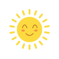 Funny sun with face icon in flat style. Summer sunshine emoji vector illustration on isolated background. Smiling sun sign business concept.
