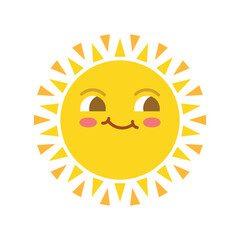 Funny sun with face icon in flat style. Summer sunshine emoji vector illustration on isolated background. Smiling sun sign business concept.