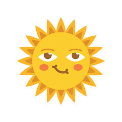 Funny sun with face icon in flat style. Summer sunshine emoji vector illustration on isolated background. Smiling sun sign business concept.