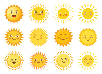 Funny sun with face icon set in flat style. Summer sunshine emoji vector illustration on isolated background. Smiling sun sign business concept.