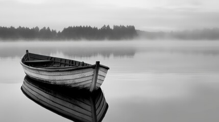 A wooden boat sits alone on a foggy lake.