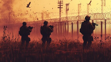 Three soldiers stand in front of a barbed wire fence against a backdrop of a hazy sunset.