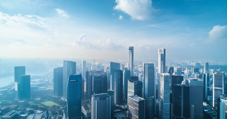 Aerial View of City Skyline and Skyscrapers Under Blue Sky and White Clouds