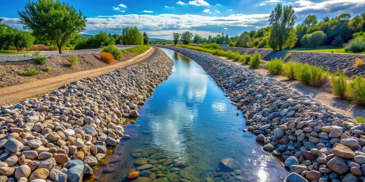 Riverbed lined with construction aggregate, part of a larger water management system, helping to regulate water flow, prevent erosion, and maintain ecosystem balance in a natural environment.