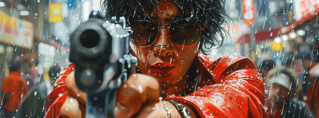 Cyberpunk japan gang member with guns, fantasy, painting