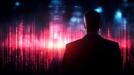 Businessman observing digital data visualization, dark background.