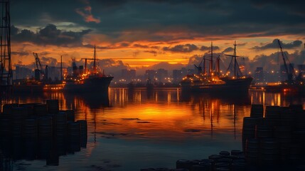Fototapeta premium Breathtaking sunset over a bustling harbor