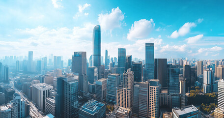 Fototapeta premium Aerial View of City Skyline and Skyscrapers Under Blue Sky and White Clouds
