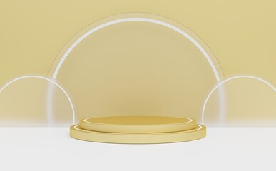Golden podium. Golden background. For business presentations, products, fashion, exhibitions, perfumes, cosmetics, billboards, promotions, 3D illustrations.