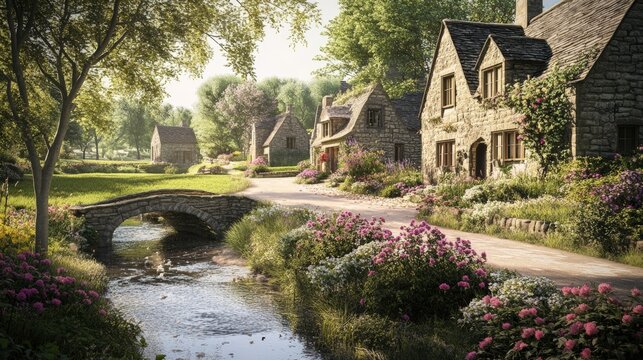 Stone cottages, blooming flowers, river, bridge.