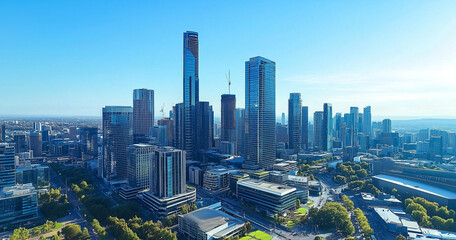Obraz premium Aerial View of City Skyline and Skyscrapers Under Blue Sky and White Clouds