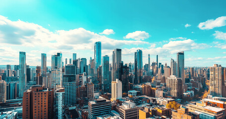 Fototapeta premium Aerial View of City Skyline and Skyscrapers Under Blue Sky and White Clouds
