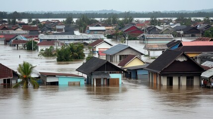 Fototapeta premium Coastal homes submerged under water after a tsunami, with only rooftops visible above the flood
