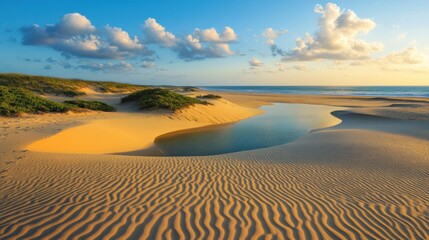 Fototapeta premium Coastal sand dunes reshaped by wind erosion, with gentle slopes and rippled patterns in the sand