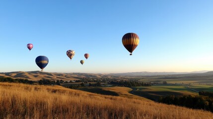 Obraz premium Hot air balloons flying over grassy fields.