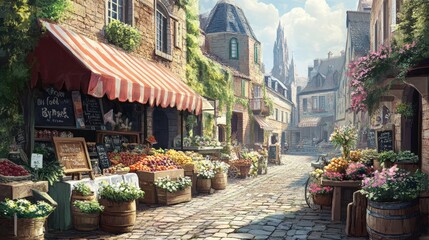 Fototapeta premium Cobblestone street with market stalls and flowers.