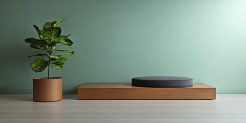 Modern minimalist interior featuring a plant and a circular cushion on a wooden platform