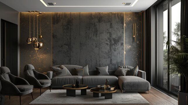 Charcoal grey matte wall with gold accents, bringing sophistication and luxury to a stylish living area.