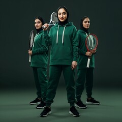 Padel tennis player with racket on tournament. arab Girl athlete with paddle racket on court. Sport concept. Download a high quality photo for design of a sports app or tour events.

