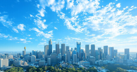 Fototapeta premium Aerial View of City Skyline and Skyscrapers Under Blue Sky and White Clouds