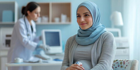 arab woman with hejab sitting on medical lab and wearing light blue abaya , with nurse taking a pregnant test
