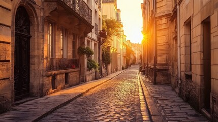 Fototapeta premium Cobblestone street in a European city at sunset.