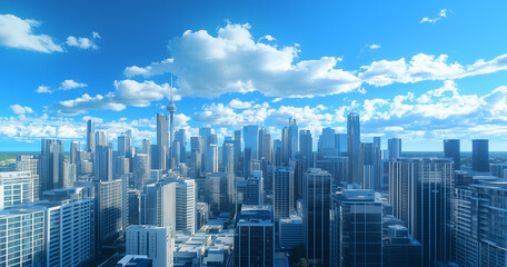 Aerial View of City Skyline and Skyscrapers Under Blue Sky and White Clouds