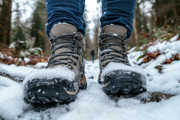 Hiking Boots in Snowy Winter Forest