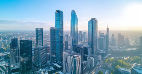 Fototapeta premium Aerial View of City Skyline and Skyscrapers Under Blue Sky and White Clouds