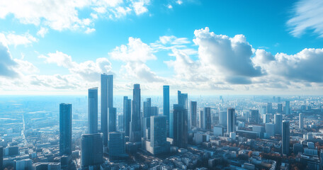 Fototapeta premium Aerial View of City Skyline and Skyscrapers Under Blue Sky and White Clouds