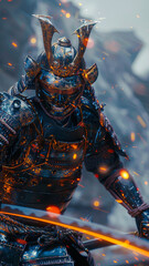 Fototapeta premium a samurai wearing an oni mask and futuristic samurai armour