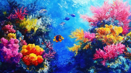 Naklejka premium Coral reefs bursting with vibrant colors, with tropical fish darting between the coral branches