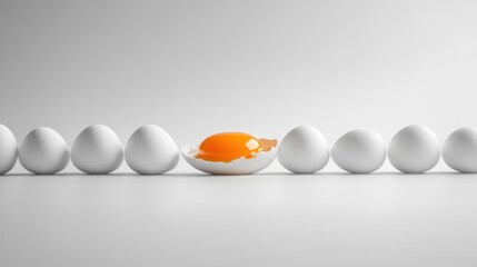 A single broken egg with yolk exposed in a row of whole white eggs.