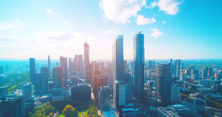 Obraz premium Aerial View of City Skyline and Skyscrapers Under Blue Sky and White Clouds