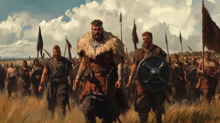A group of warriors march through a field.