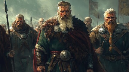 Group of Viking warriors with beards and weapons.