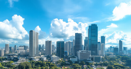 Naklejka premium Aerial View of City Skyline and Skyscrapers Under Blue Sky and White Clouds