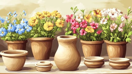 A still life of five potted flowers, a pitcher, and several bowls.