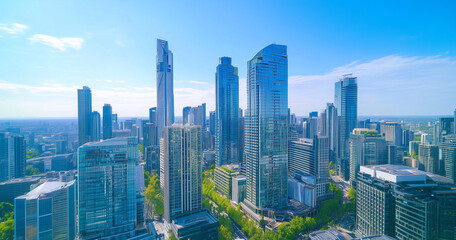 Obraz premium Aerial View of City Skyline and Skyscrapers Under Blue Sky and White Clouds