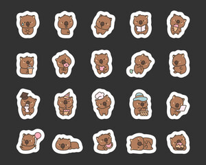 Cute kawaii wombat. Sticker Bookmark. Adorable herbivore animal character. Vector drawing. Collection of design elements.