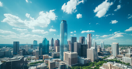 Obraz premium Aerial View of City Skyline and Skyscrapers Under Blue Sky and White Clouds