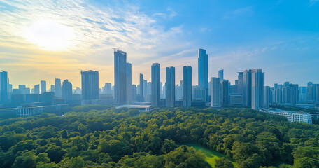 Fototapeta premium Aerial View of City Skyline and Skyscrapers Under Blue Sky and White Clouds