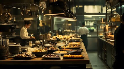 Busy kitchen with chefs preparing various dishes