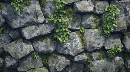 Crumbling stone wall made of ancient rocks, with moss and plants growing in the cracks