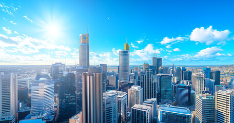 Obraz premium Aerial View of City Skyline and Skyscrapers Under Blue Sky and White Clouds