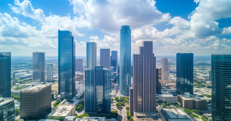 Fototapeta premium Aerial View of City Skyline and Skyscrapers Under Blue Sky and White Clouds