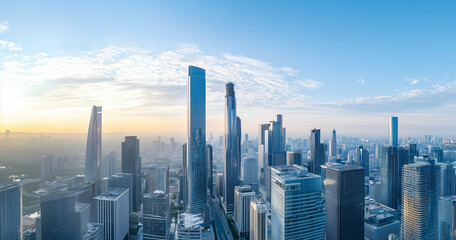 Aerial View of City Skyline and Skyscrapers Under Blue Sky and White Clouds