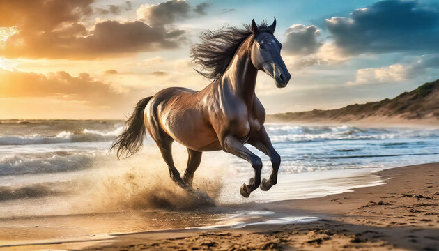 Caballo corriendo por la playa al atardecer, con el viento agitando su melena y olas rompiendo en el fondo.